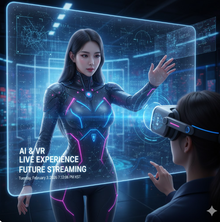 미래형 스트리밍 기술: AI 아바타와 VR(가상현실) 기술을 결합하여 화면 너머의 생생한 연결감을 선사하는 차세대 콘텐츠 개념을 보여줍니다. 미래형 스트리밍 기술: AI 아바타와 VR(가상현실) 기술을 결합하여 화면 너머의 생생한 연결감을 선사하는 차세대 콘텐츠 개념을 보여줍니다.