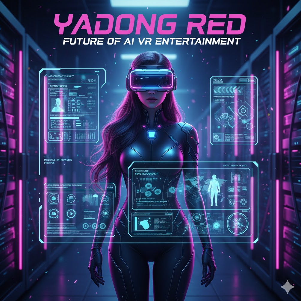 -"가상 가상 현실(VR) 기기를 착용한 캐릭터와 복잡한 서버실 배경은 AI VR 엔터테인먼트로의 발전을 상징합니다.
