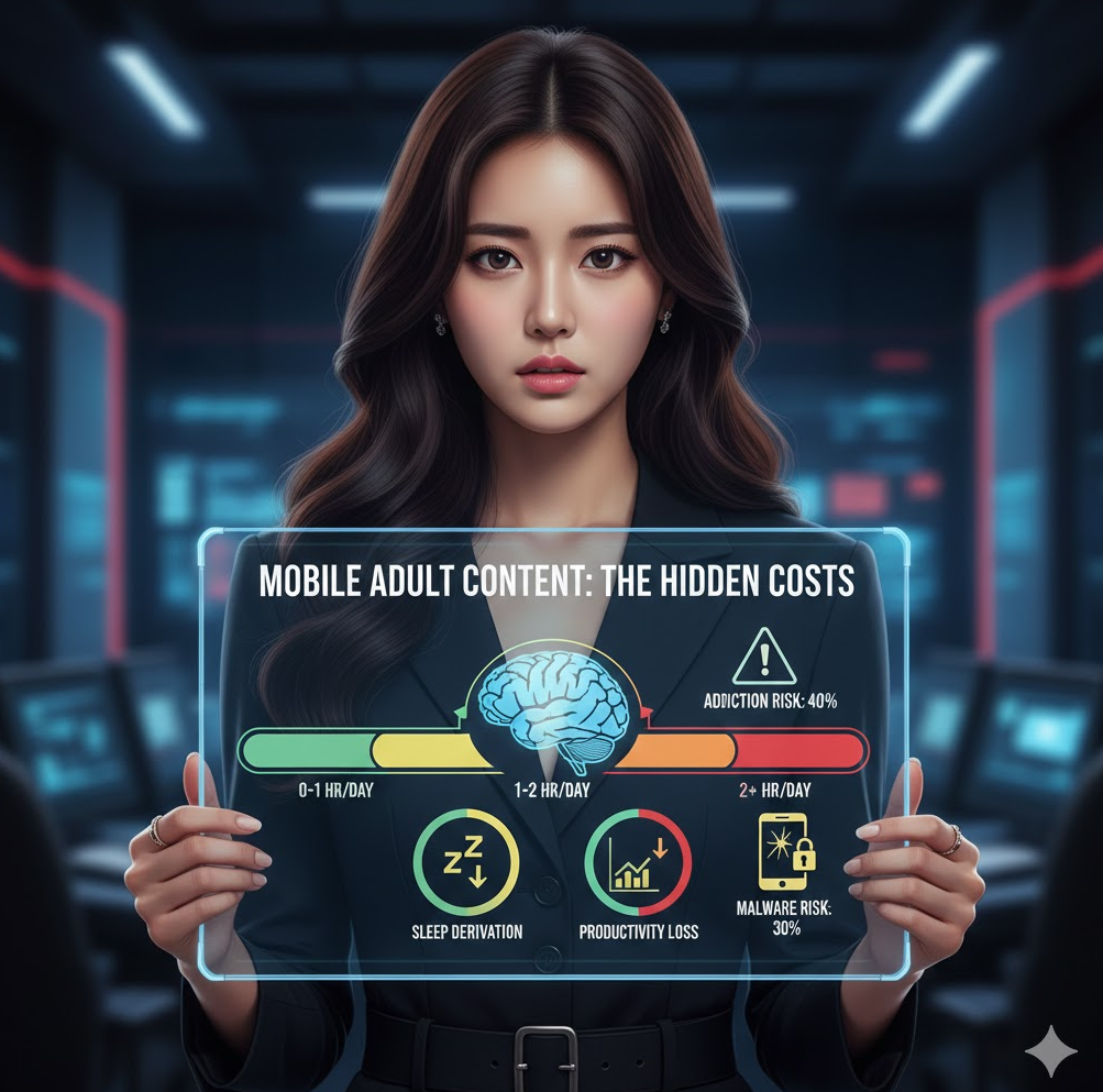 사회적 경각심: 'Hidden Costs' 이미지는 과도한 시청이 초래하는 수면 부족, 생산성 저하, 그리고 악성코드 감염(30%) 및 중독 위험(40%) 등 심리적·기능적 부작용을 경고합니다. 사회적 경각심: 'Hidden Costs' 이미지는 과도한 시청이 초래하는 수면 부족, 생산성 저하, 그리고 악성코드 감염(30%) 및 중독 위험(40%) 등 심리적·기능적 부작용을 경고합니다.