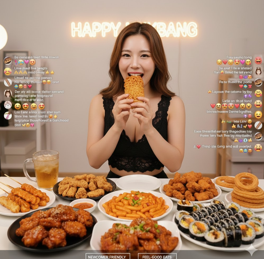 밝은 화면에 BJ가 웃으며 먹방 하는 모습 밝은 화면에 BJ가 웃으며 먹방 하는 모습