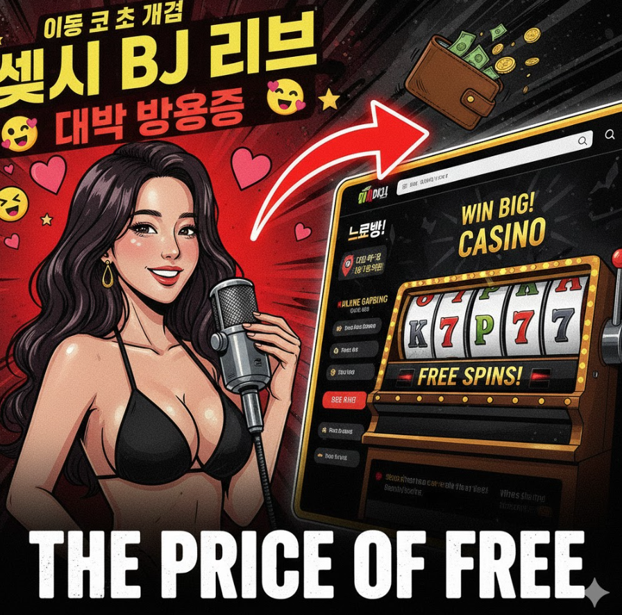 화려한 BJ 스트리밍 배너와 빨간 화살표로 이어진 도박 사이트, 지갑이 날아가는 코믹한 일러스트, “공짜의 대가” 큰 텍스트 화려한 BJ 스트리밍 배너와 빨간 화살표로 이어진 도박 사이트, 지갑이 날아가는 코믹한 일러스트, “공짜의 대가” 큰 텍스트