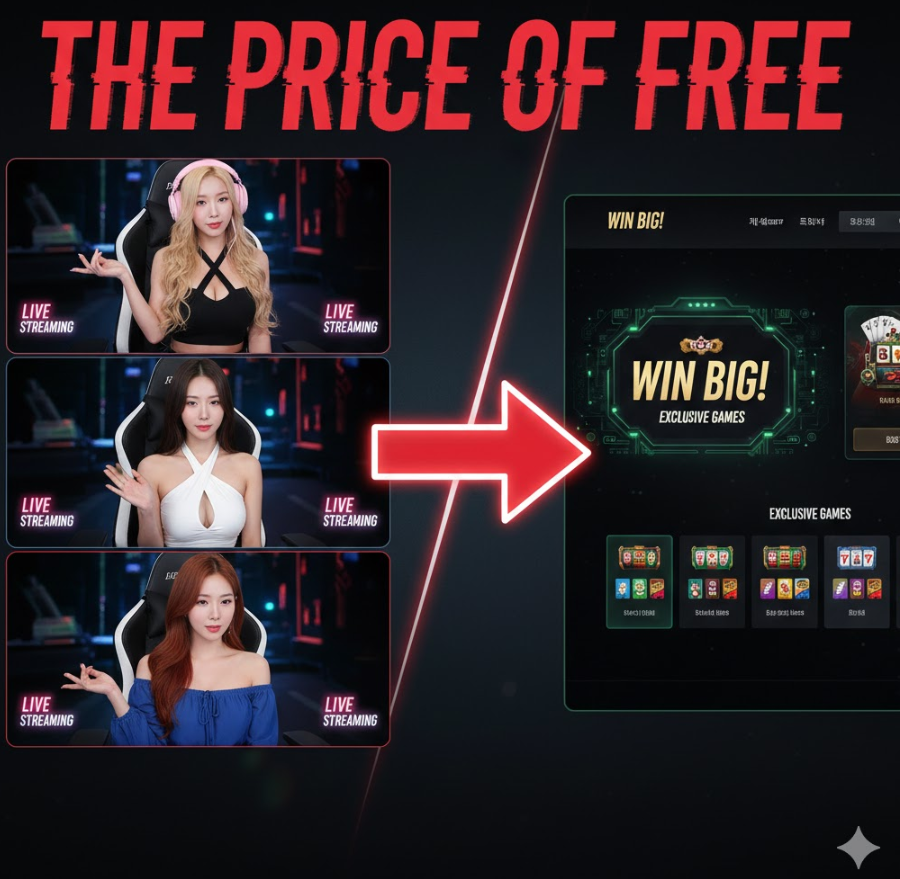 화려한 BJ 스트리밍 배너와 빨간 화살표로 이어진 도박 사이트, 지갑이 날아가는 코믹한 일러스트, “공짜의 대가” 큰 텍스트 화려한 BJ 스트리밍 배너와 빨간 화살표로 이어진 도박 사이트, 지갑이 날아가는 코믹한 일러스트, “공짜의 대가” 큰 텍스트